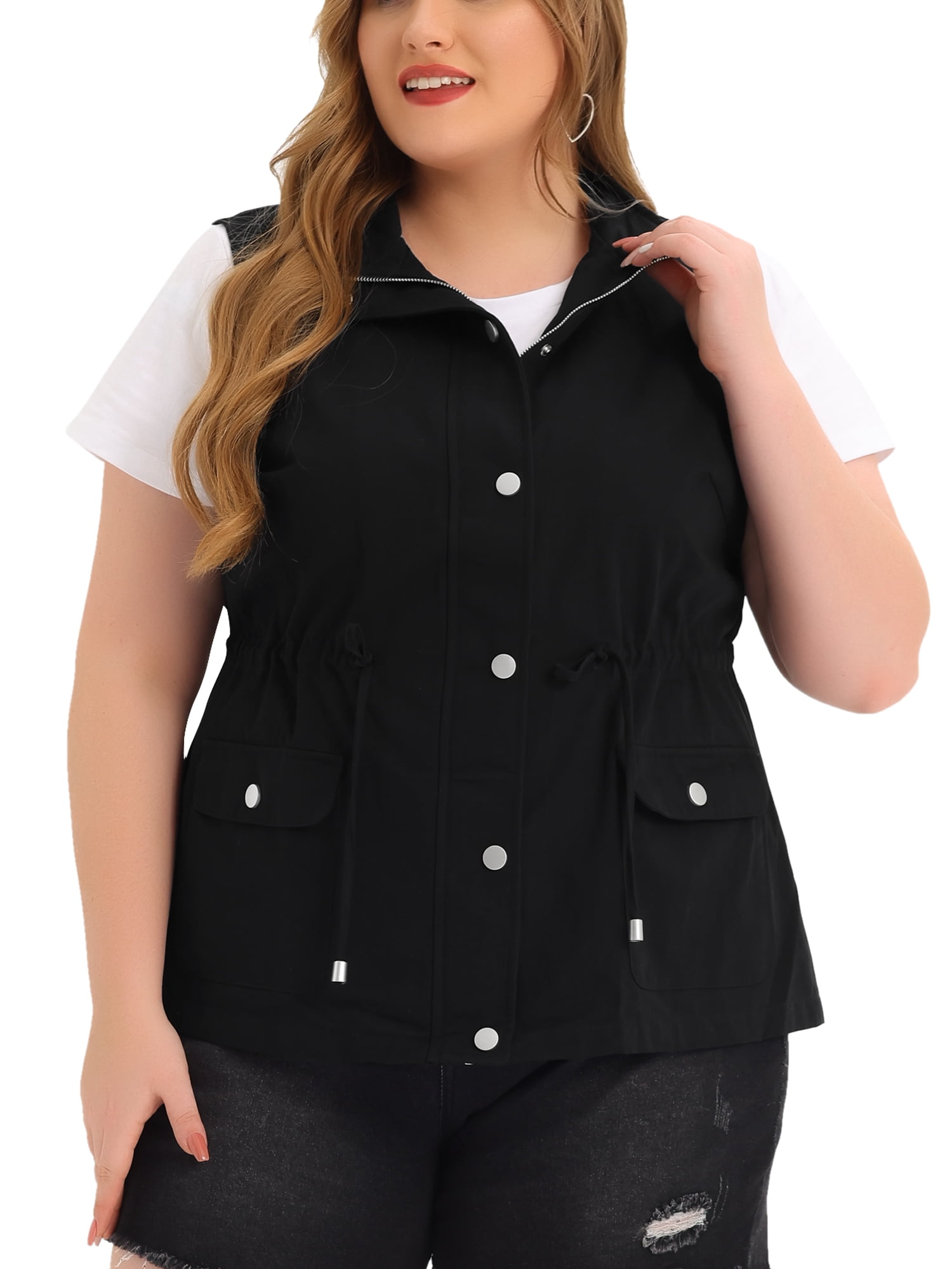 DARING DIVA Women's Plus Size Lightweight Sleeveless Anorak Cargo Vest 5X Black