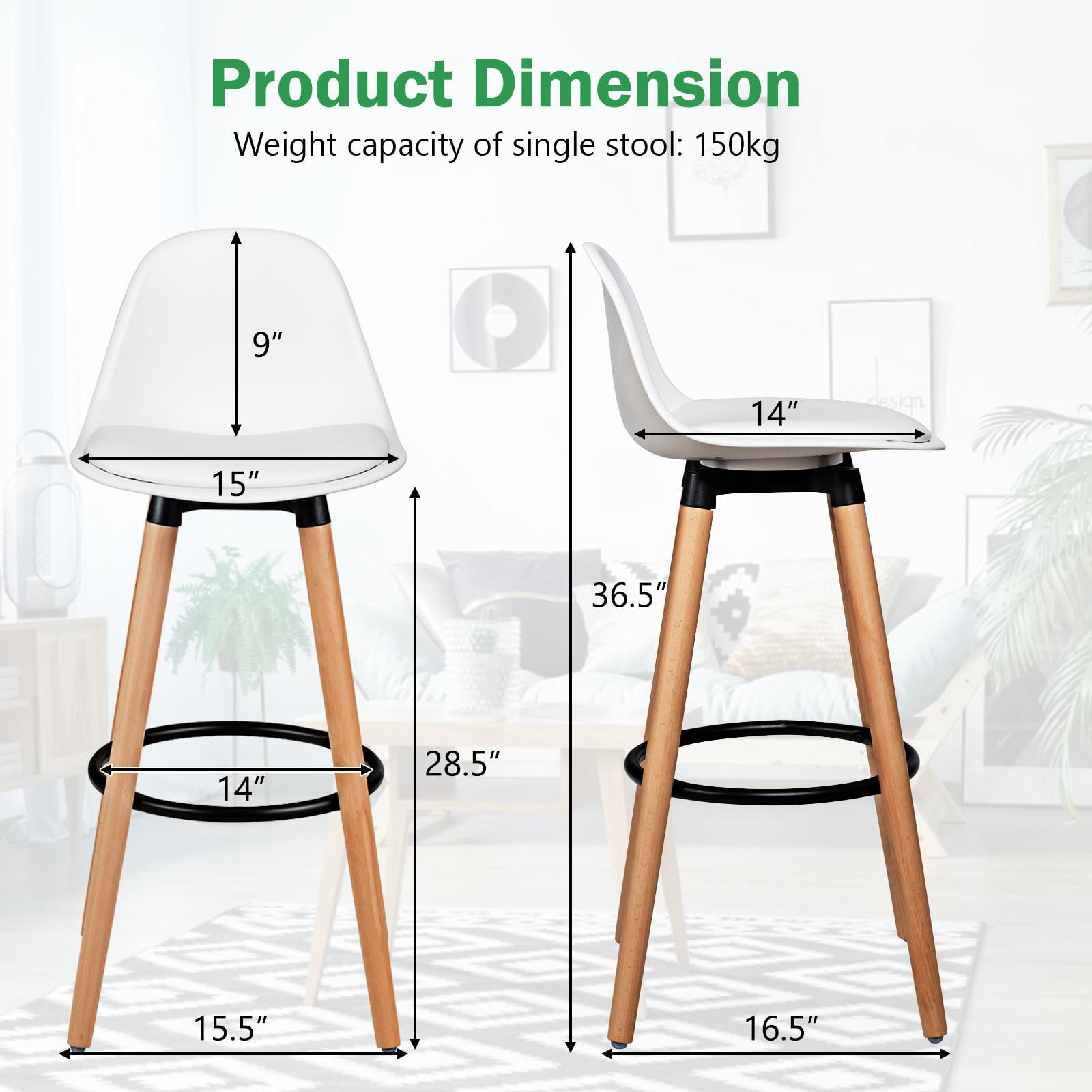 Giantex Set of 2 Dining Room Chair w/ Solid Beech Wood Legs, Upholstery High Chair Set, Scandinavian Kitchen Chair w/ Footrest, Retro Bar Stools for Living room, Loadable Up to 330 LBS, White
