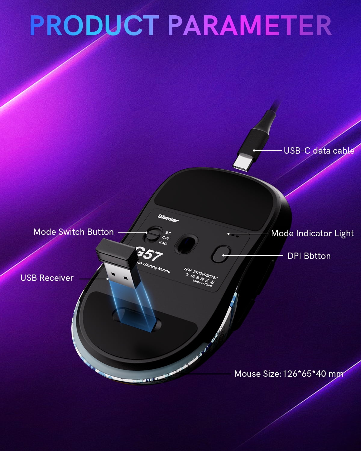 G57 Wireless Gaming Mouse, 8000 DPI, 80g, 2.4G/Bluetooth/USB-C Rechargeable Wireless Mouse with 5 Programmable Buttons for PC/Mac, Black