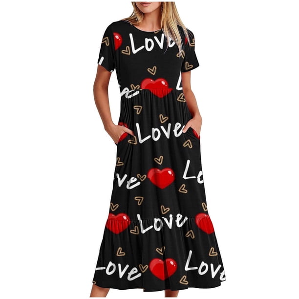 Puntoco Vestido Midi De Moda Para Mujer Del Día De San Valentín Vestido Con Cuello Redondo Y Manga Corta Con Doble Bolsillo Y Estampado De Amor Negro M,Regalos Para Mujer Joven