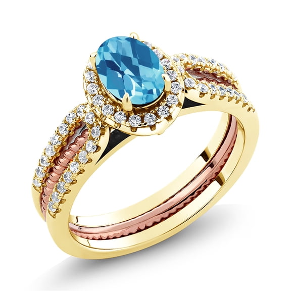 Gem Stone King 1.62 Ct Oval Checkerboard Swiss Blue Topaz 18K Yellow Gold Plated Silver Stackable Ring (Size 6)