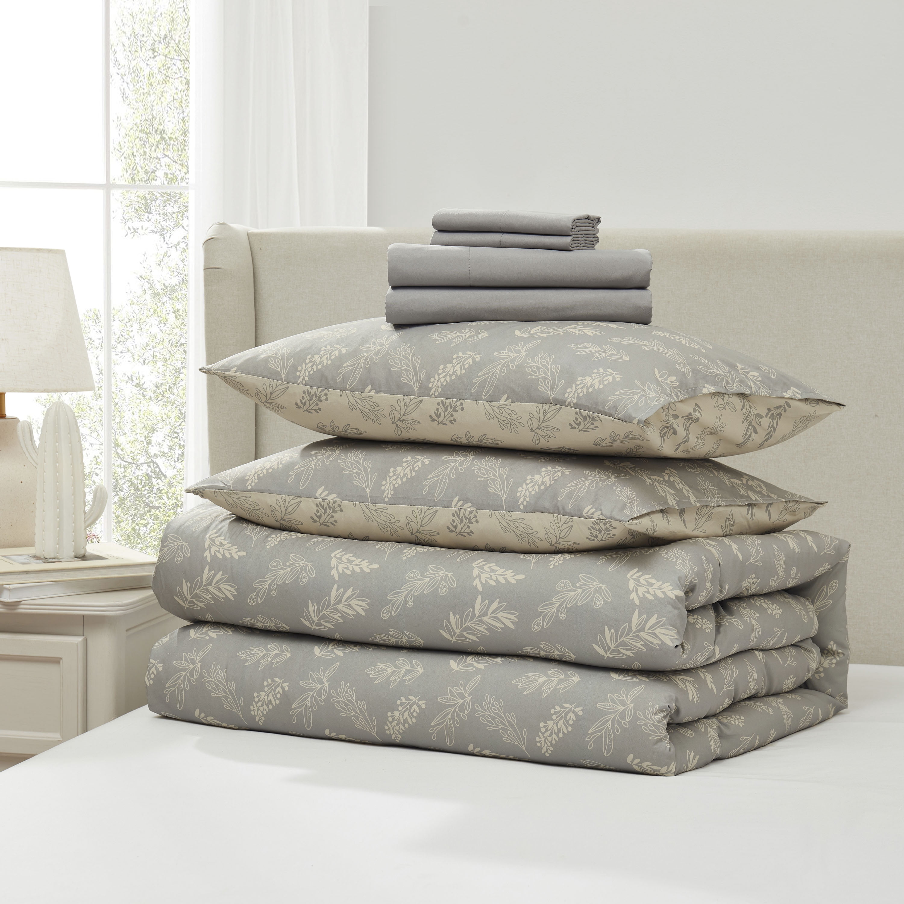 LammaLoe Twin Comforter Sets, 5 Piece Botanical Bed in a Bag, Reversible Bedding Comforter Set with Sheets, Modern Bed Set, Lunar Grey/Pale Champagne