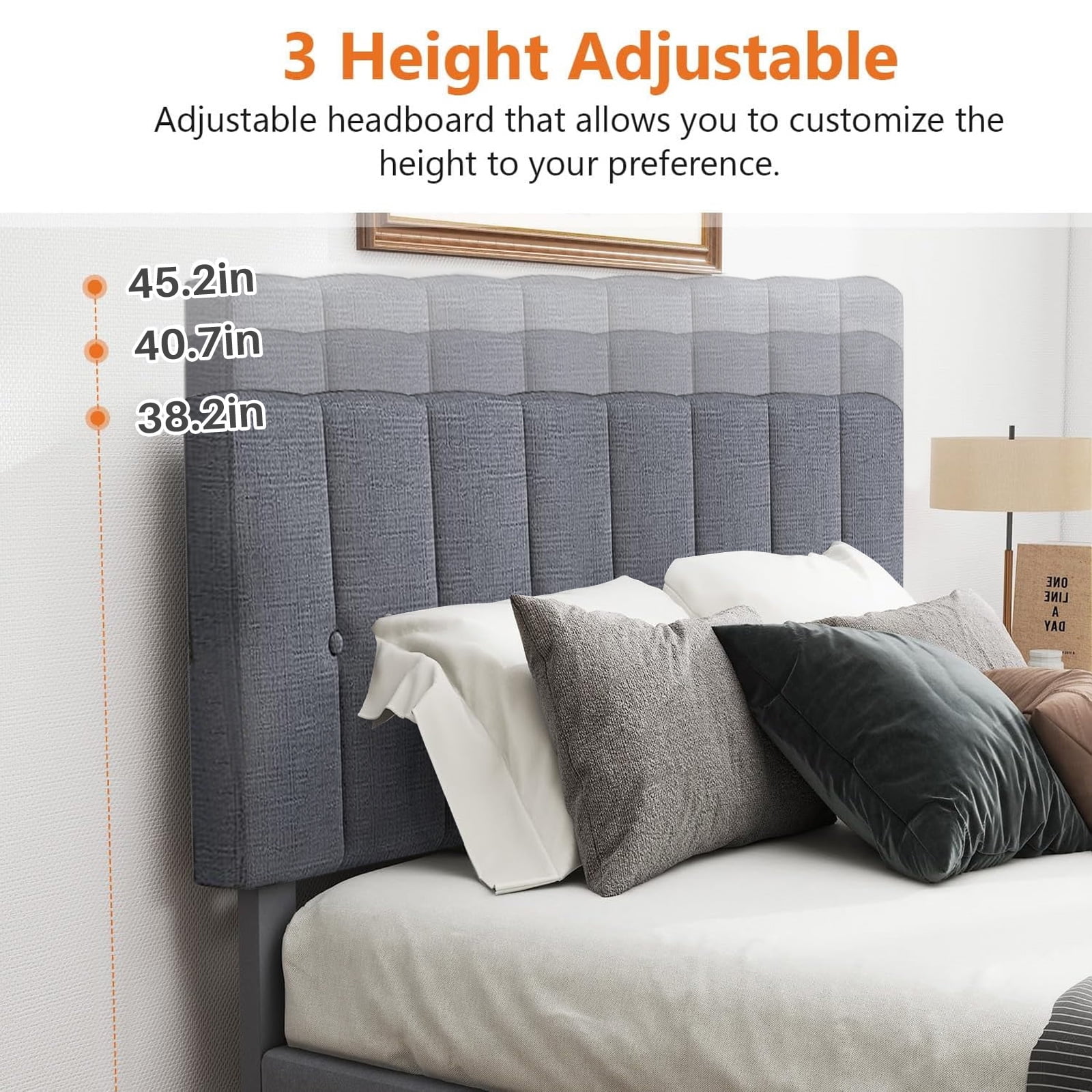 Queen Bed Frames with Headboard, Upholstered Platform Bed with Wood Slats 800 lbs Support , Noise Free, No Box Spring Needed, Gray