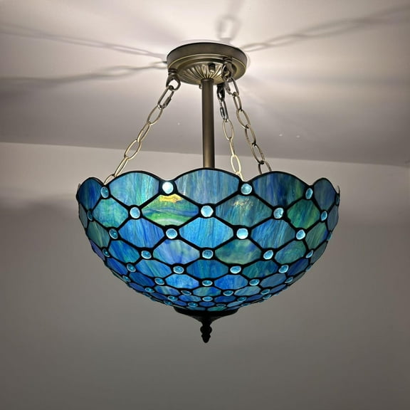 Tiffany Ceiling Lights Blue Stained Glass Crystal Beans LED Bulbs Included for Bed Room Living Room Entryway16"W*16"D*16"H