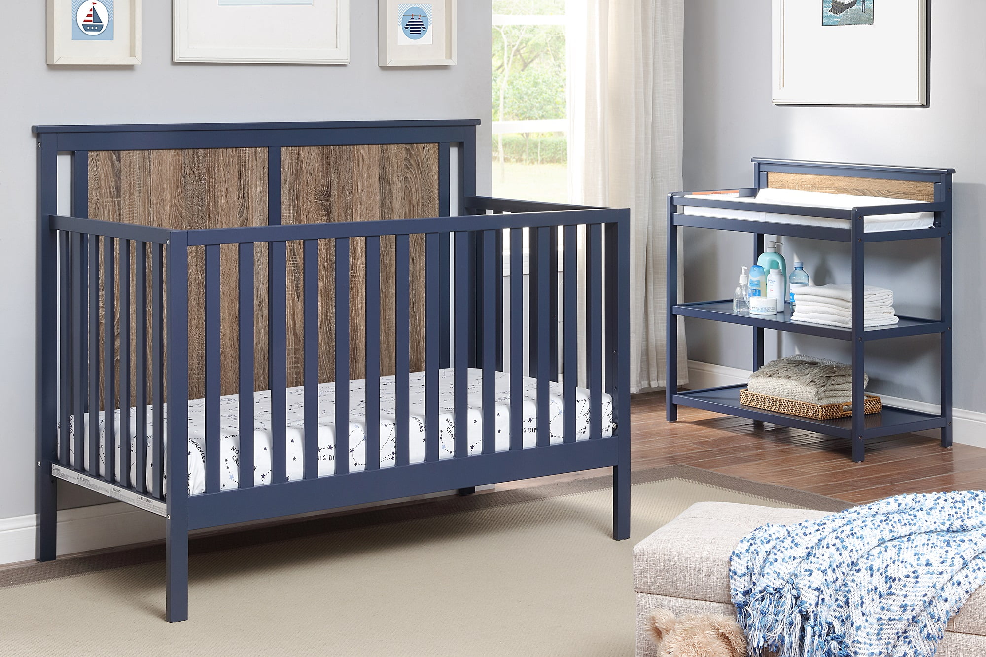 Connelly Changing Table in Midnight Blue and Vintage Walnut Finish