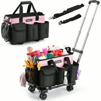 Rolling Cleaning Caddy Cleaning plies Organizer with Trolley Wearable Cleaning Tote Bag on Wheels with Hard Bottom Cleaning Carts for Housekeepers/Home/Car/Office/Picnic Pink