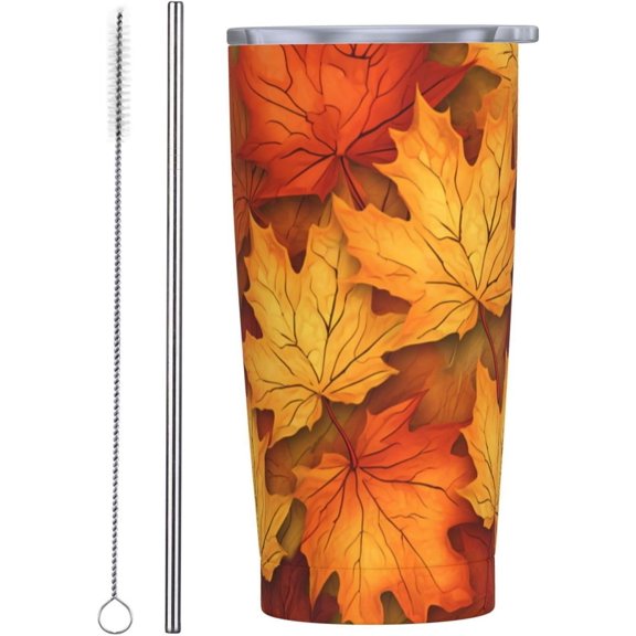 Autumn Maple Leaf Pattern 20oz Stainless Steel Cups, Insulated Stainless Steel Travel Coffee Mug Tumbler With Lid And Straw Durable Coffee Cup Water Bottle For Hot & Cold Drinks