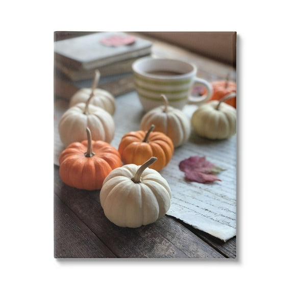 Cozy Pumpkins Scattered Leaves Coffee Mug Photography Botanical & Floral Photograph Gallery-Wrapped Canvas Print Wall Art