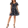 thumbnail image 2 of INSPIRE CHIC Women's Floral V Neck Flare Short Sleeve Lace-up Zipper Chiffon Dress L Deep Blue, 2 of 6