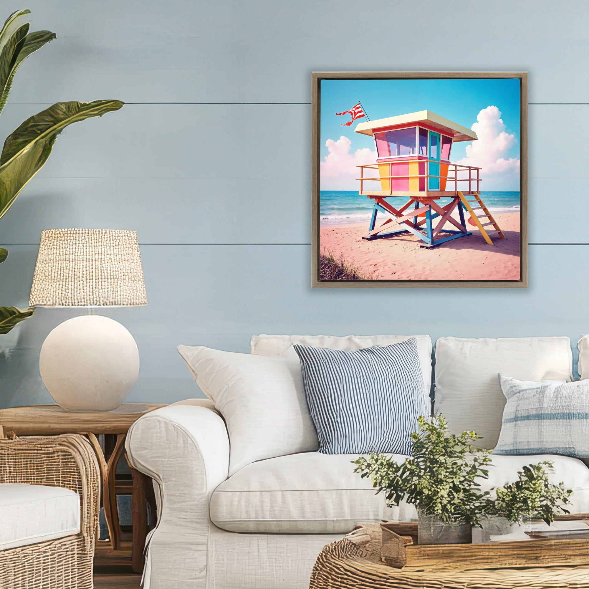 Stupell Industries Colorful Sunny Beach Tower Brown Framed Floater Canvas Wall Art, design by Creative Studio