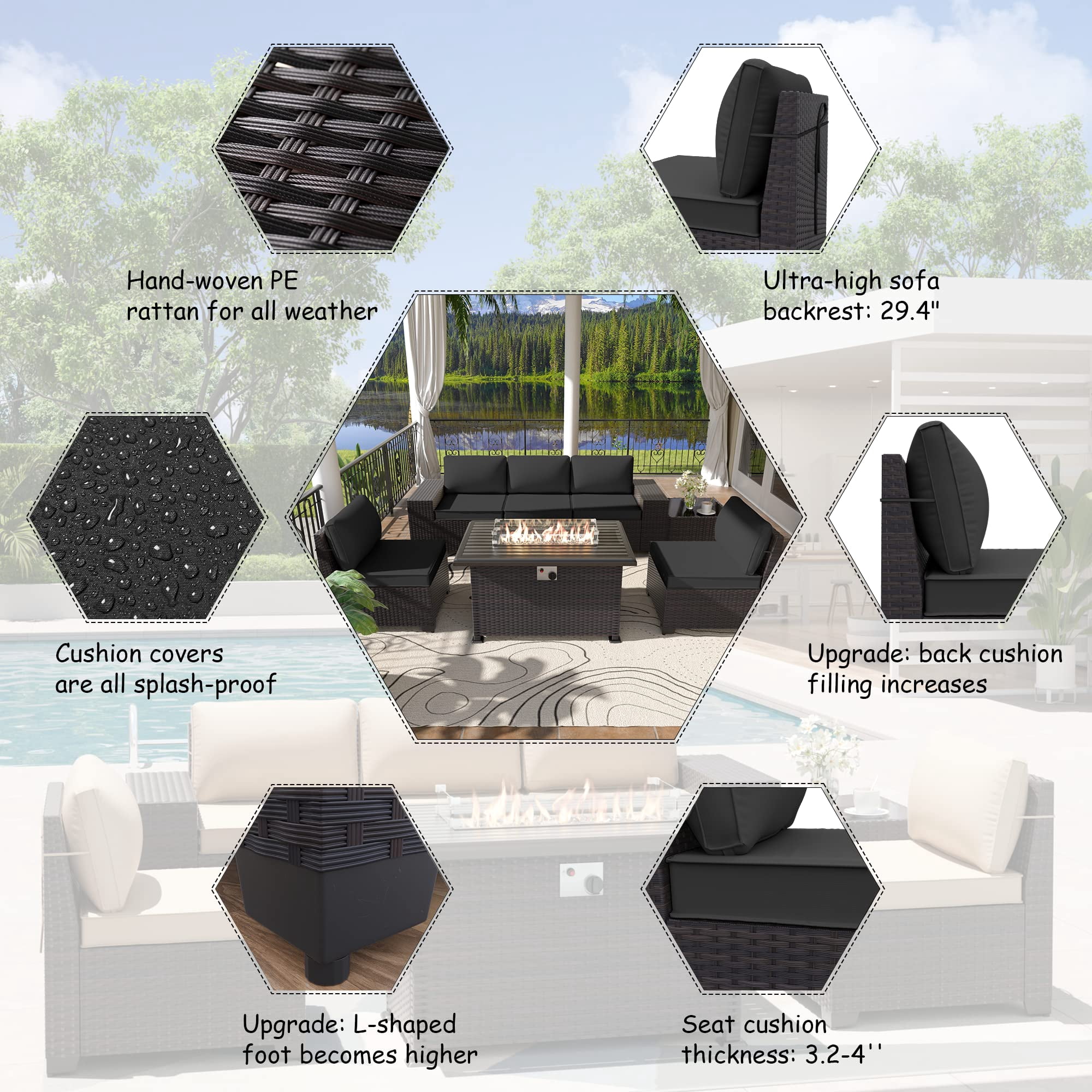 ALAULM 7-Piece Patio Conversation Set with Propane Fire Pit Table, Black