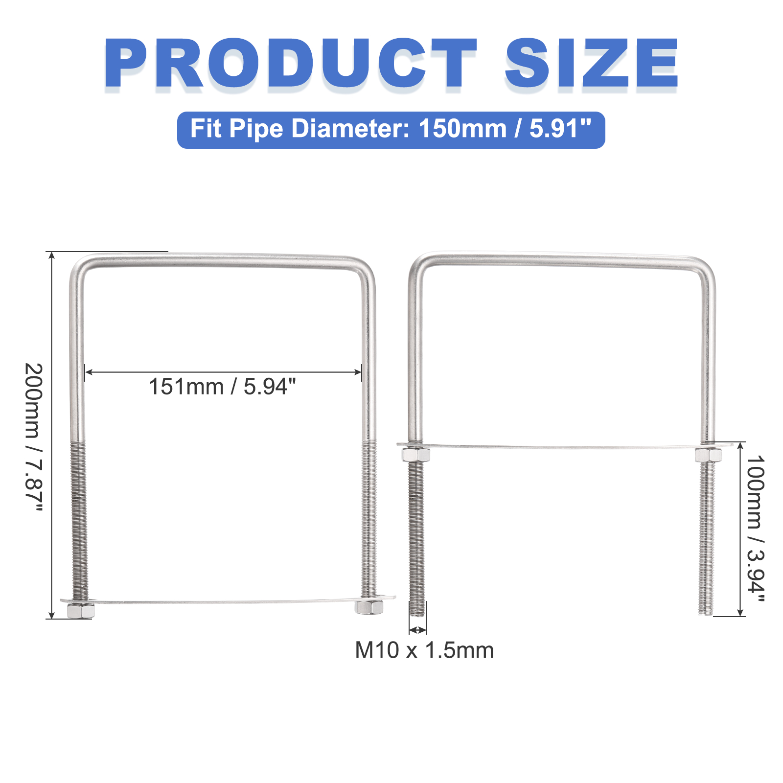 Uxcell 2 Sets M10 Square U-Bolts, 5.94" Inner Width 7.87" Length 304 Stainless Steel U Clamp Bolts with Nuts, Plates and Wrench