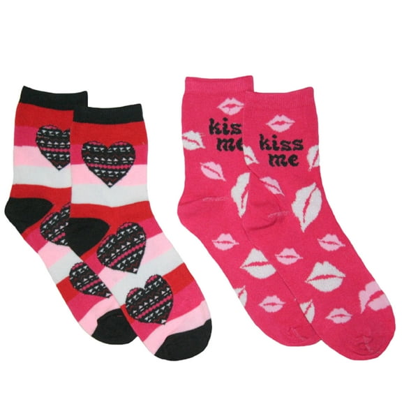 Womens 2pk Valentines Day Crew Socks (Kiss Me)