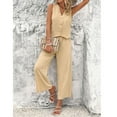 thumbnail image 3 of Women's Linen Pant Set Cotton Comfy 2 Piece Elastic Waist V Neck Outfits Matching Fashion Casual Button Down Tank Cropped Pants Suit Summer Apricot Large, 3 of 5