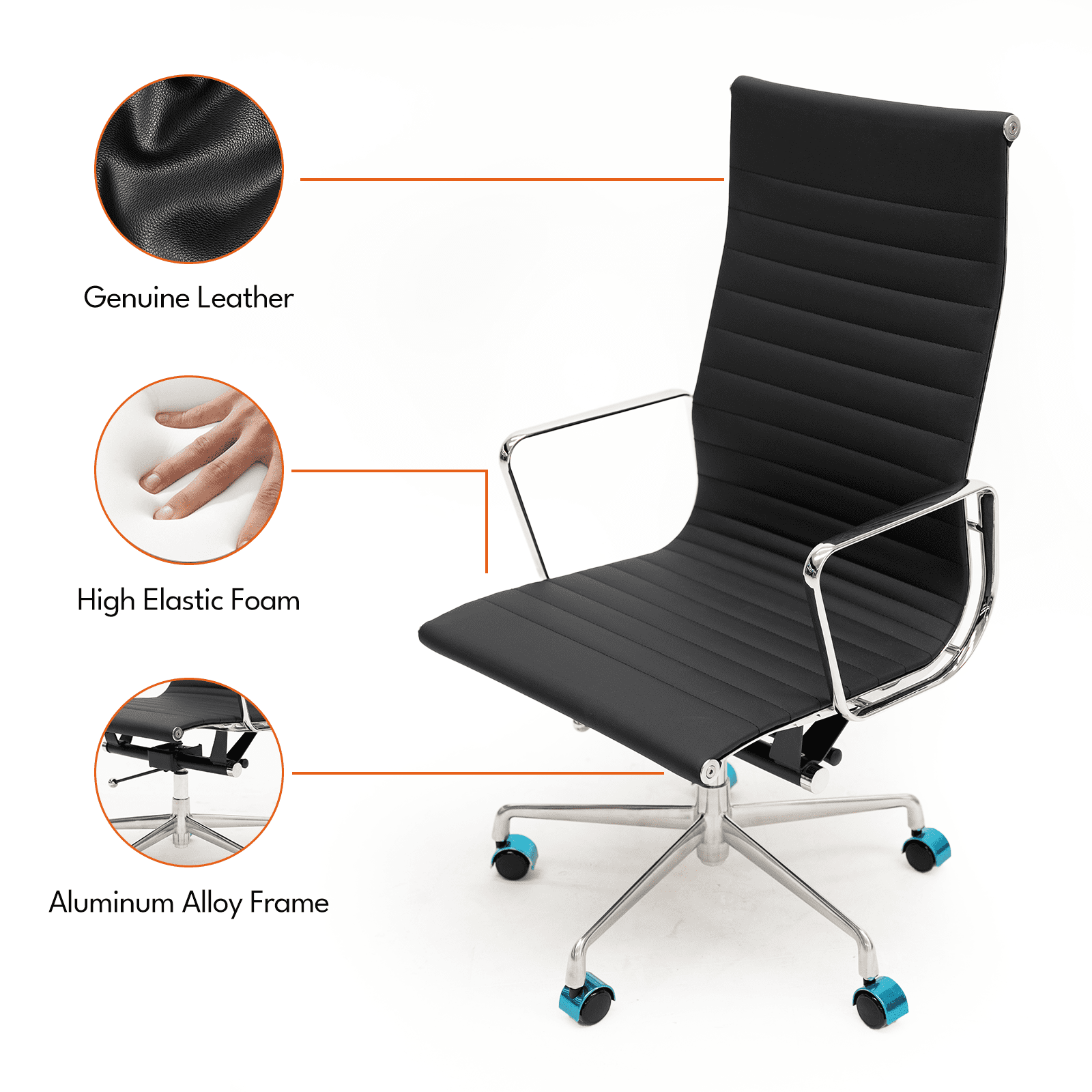 Genuine Leather Swivel Desk Office Chair, Adjustable Aluminum Base Conference Chair for Home Office