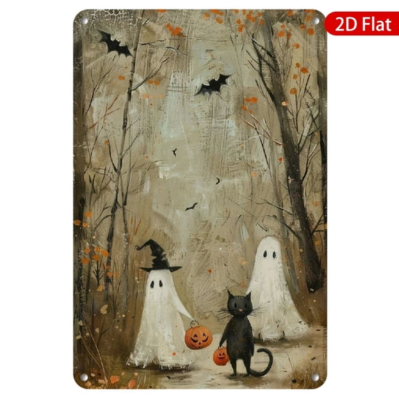 1pc Metal Wall Sign, 8x12 Inches, Featuring Whimsical Halloween Design with Friendly Ghosts and a Black Cat, Rustproof & UV Protected, Perfect for Indoor and Outdoor Decoration, Ideal for Home