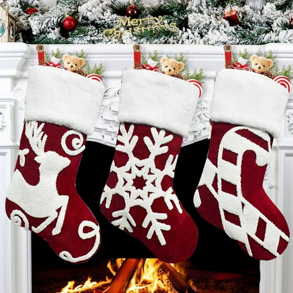 Christmas Stockings 3 Pack 17.32 Inch Red and White Christmas Stockings with Snowflake Embroidery, Knit Xmas Stocking Décor with White Faux Fur Cuff for Family Christmas Decoration