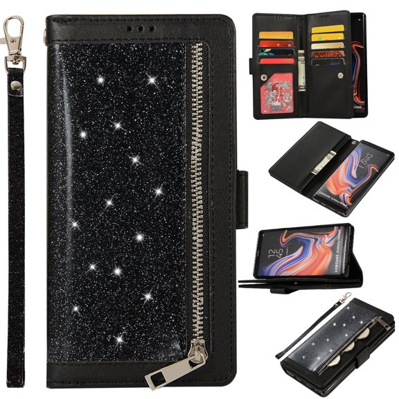 Zipper Wallet Case for Samsung Galaxy Note 9 Phone, Allytech Bling Glitter Leather Case with 9 Credit Card Holder Flip Magnetic Closure Stand Cover with Cash Pocket and Hand Strap, Black