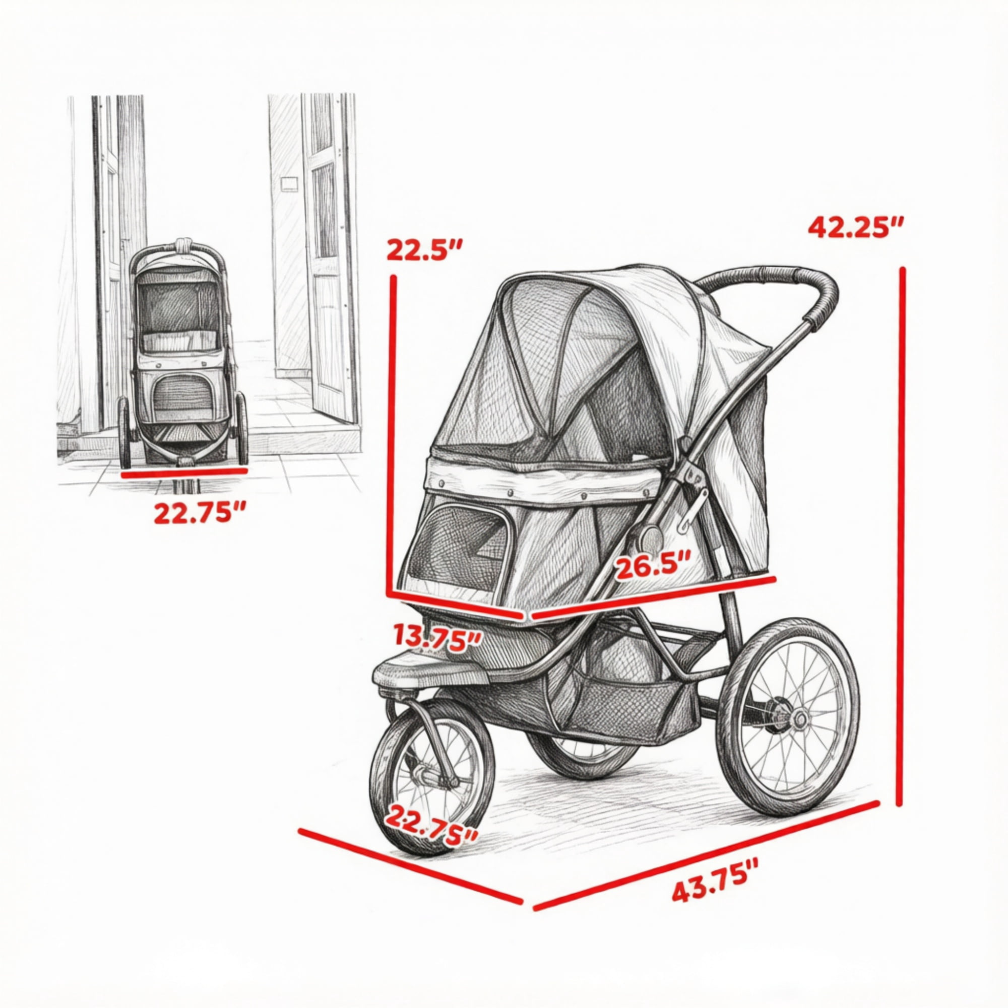 3-Wheel Pet Stroller for Small & Medium Dogs, Adjustable Canopy, Safety Tether, Storage Basket, Blue