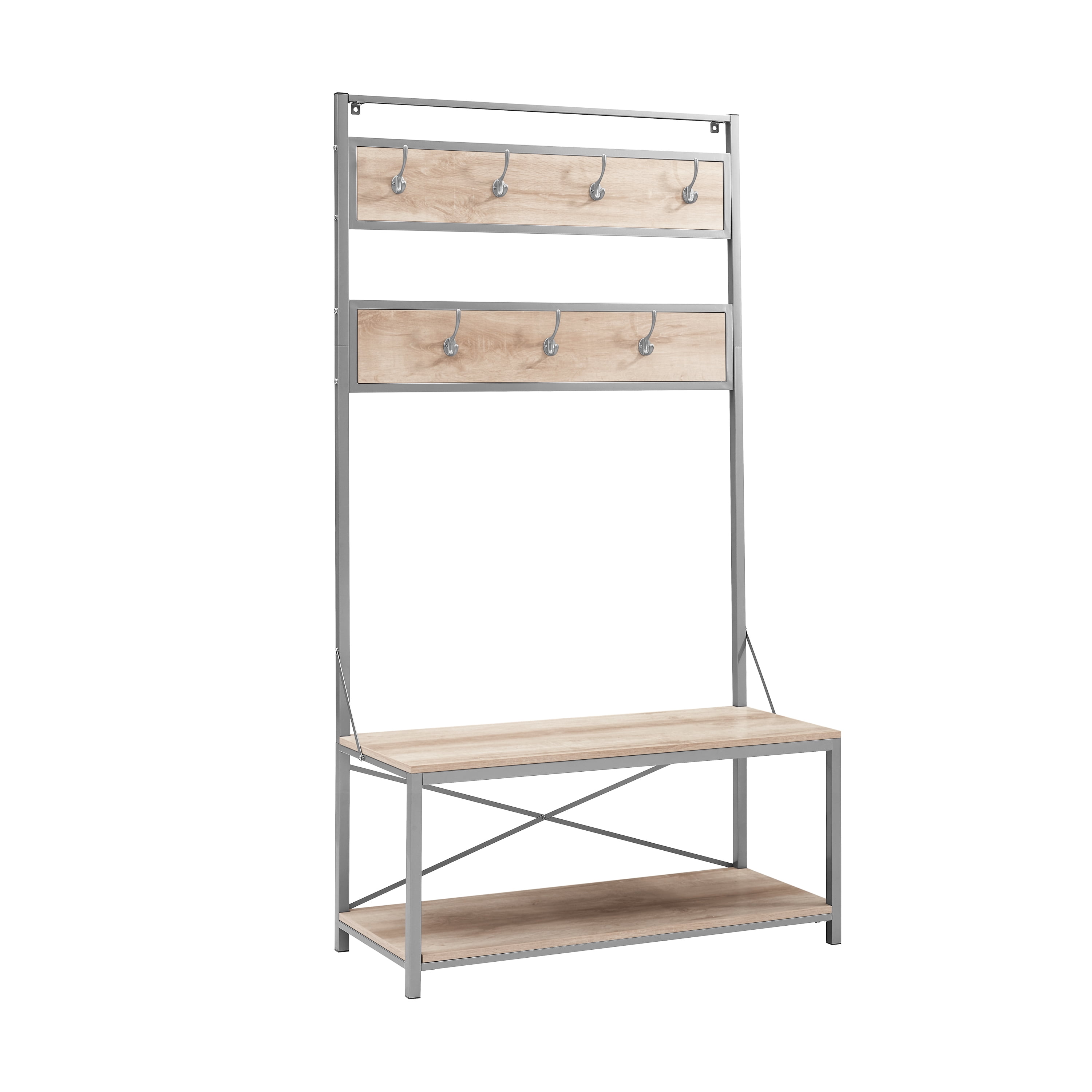 Woven Paths Industrial Hall Tree with Bench and Coat Hooks, White Oak