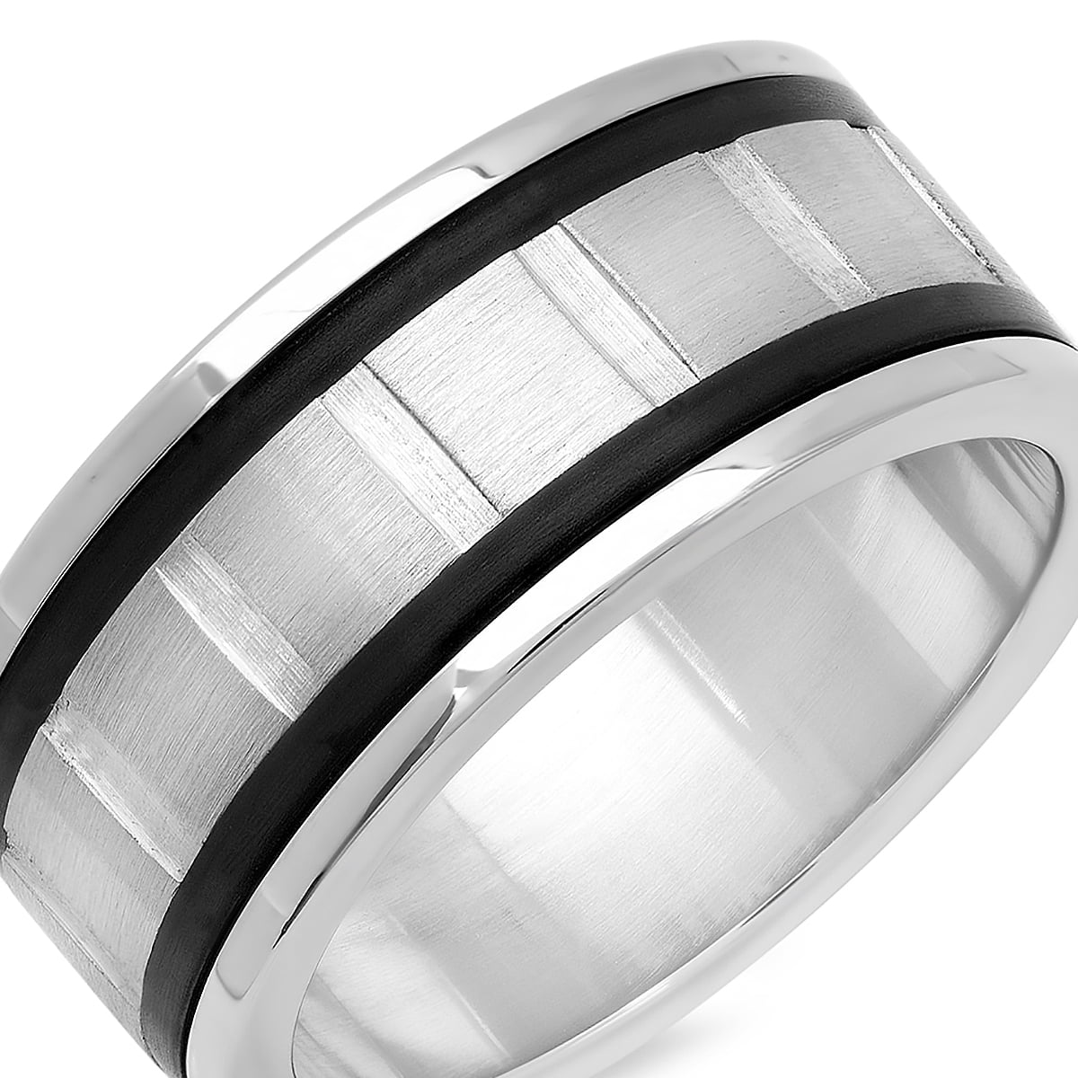 Steeltime Men's Stainless Steel Striped Ring Band with Black Ring Accents