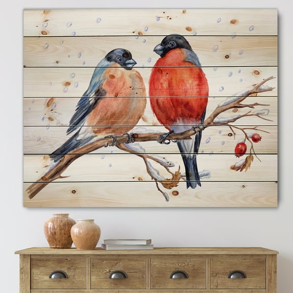 Designart 'Two Bullfinches On A Hawthorn Branch with Snowfall In Winter' Traditional Print on Natural Pine Wood