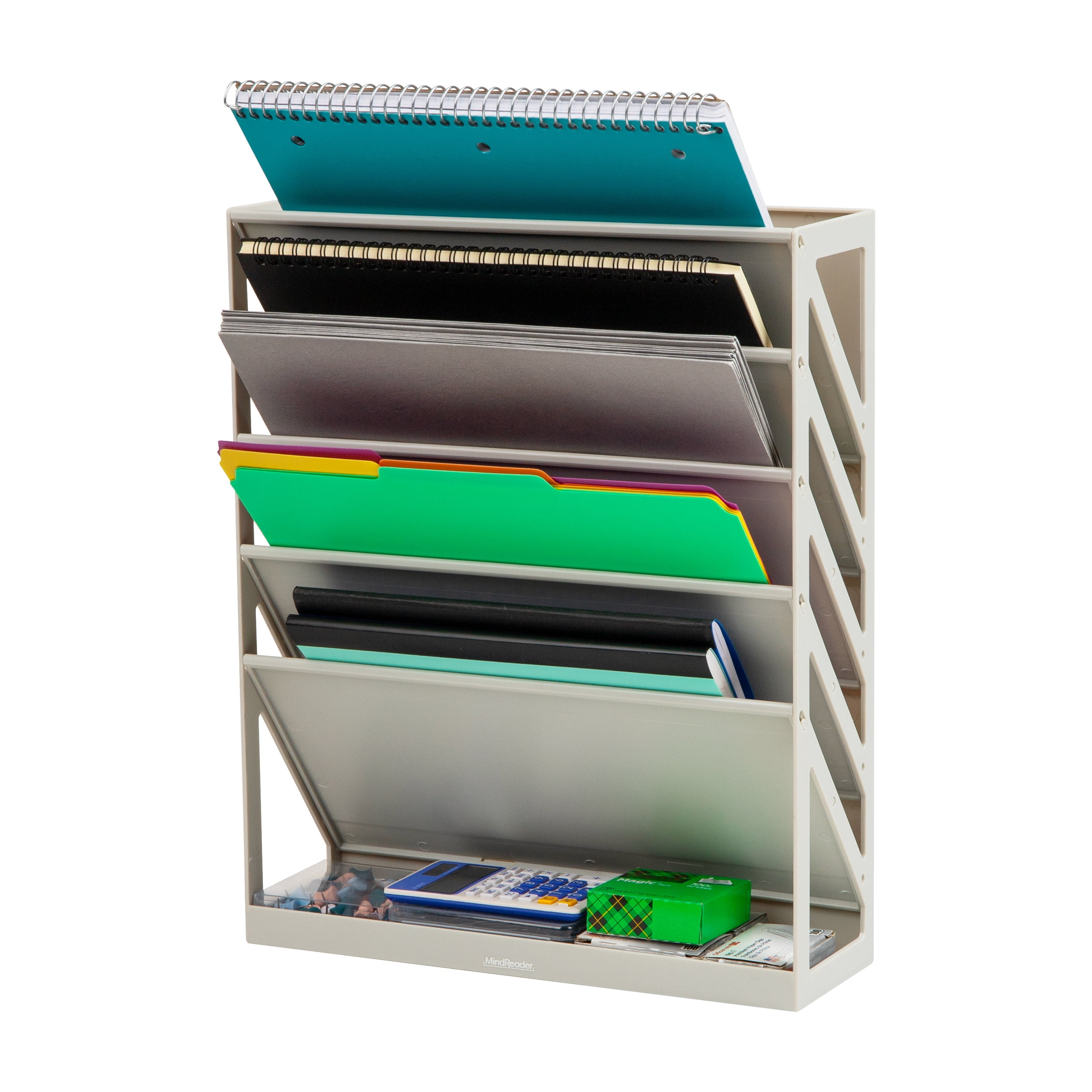 Mind Reader 5-Tier Vertical File Storage, Desktop Organizer, Wall Mount, Office, Plastic, 13"L x 4.25"W x 16"H, Beige
