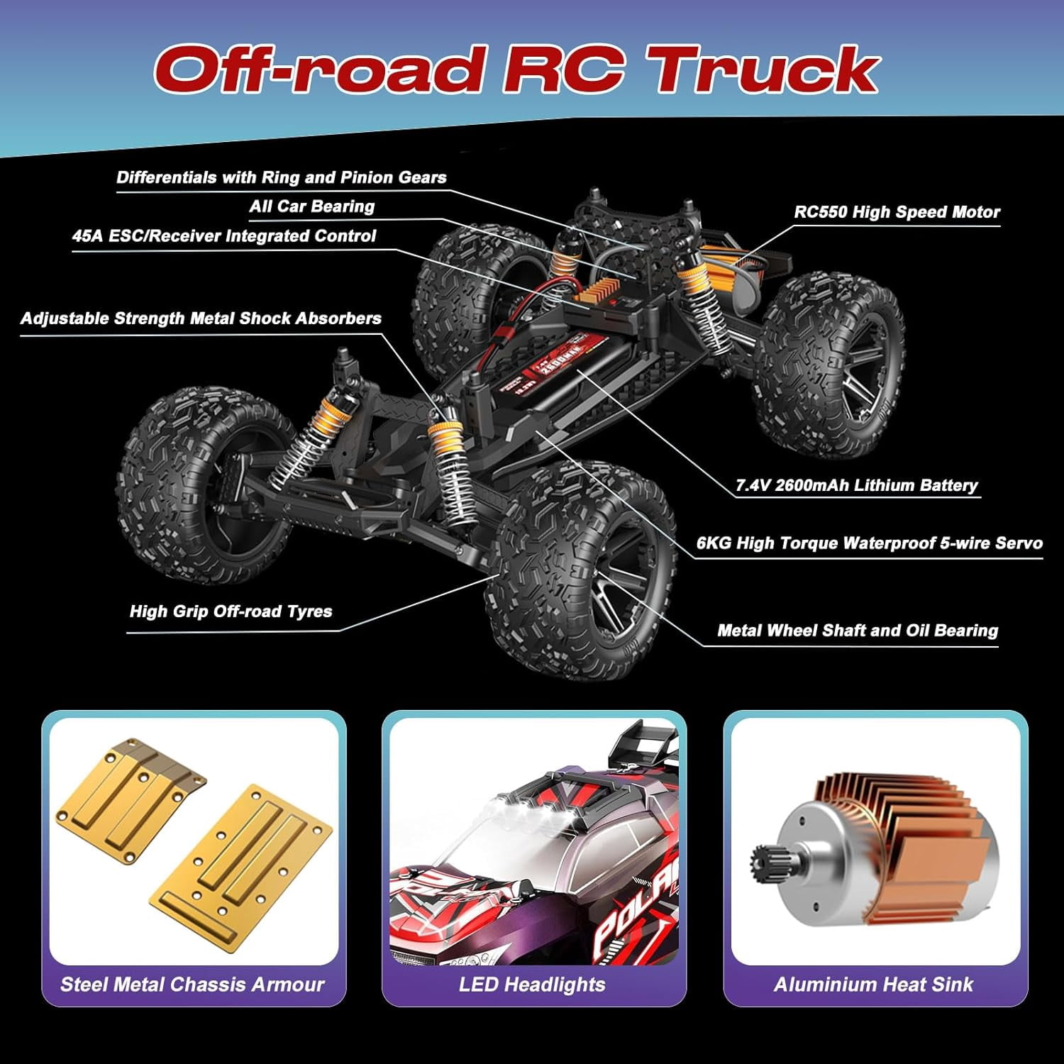 1:10 Large Rc Cars,18-Inch Remote Control Car Trucks with Lights,45+KM/H RC Off-Road Electric Truck, Includes 2 Rechargeable 2600mAh Batteries, Rc Cars for Adults & Boys