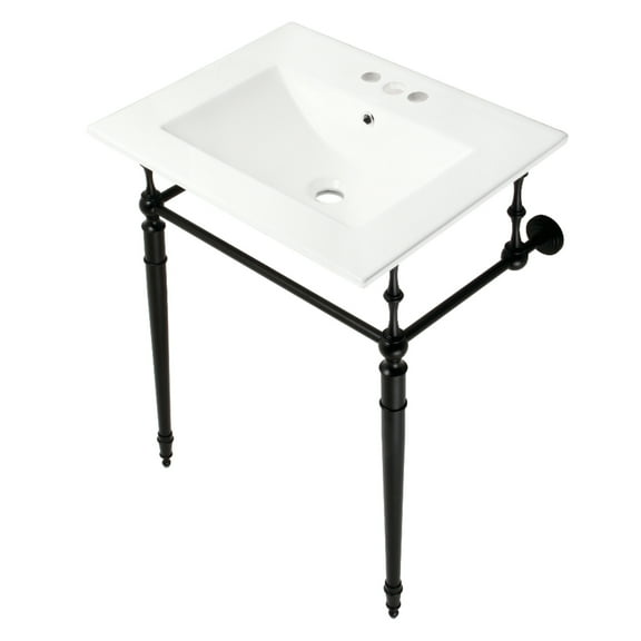 Kingston Brass KVPB24187W4MB Edwardian 24" Ceramic Console Sink with Brass Legs (4-Inch, 3-Hole), White/Matte Black