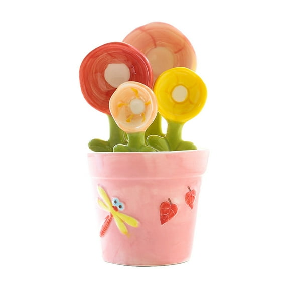 Flower Measuring Spoons Set in Pot Unique Baking Gifts Ceramic Cute Measuring Cups and Spoons with Holder for Dry Wet Ingredients Dishwasher Safe
