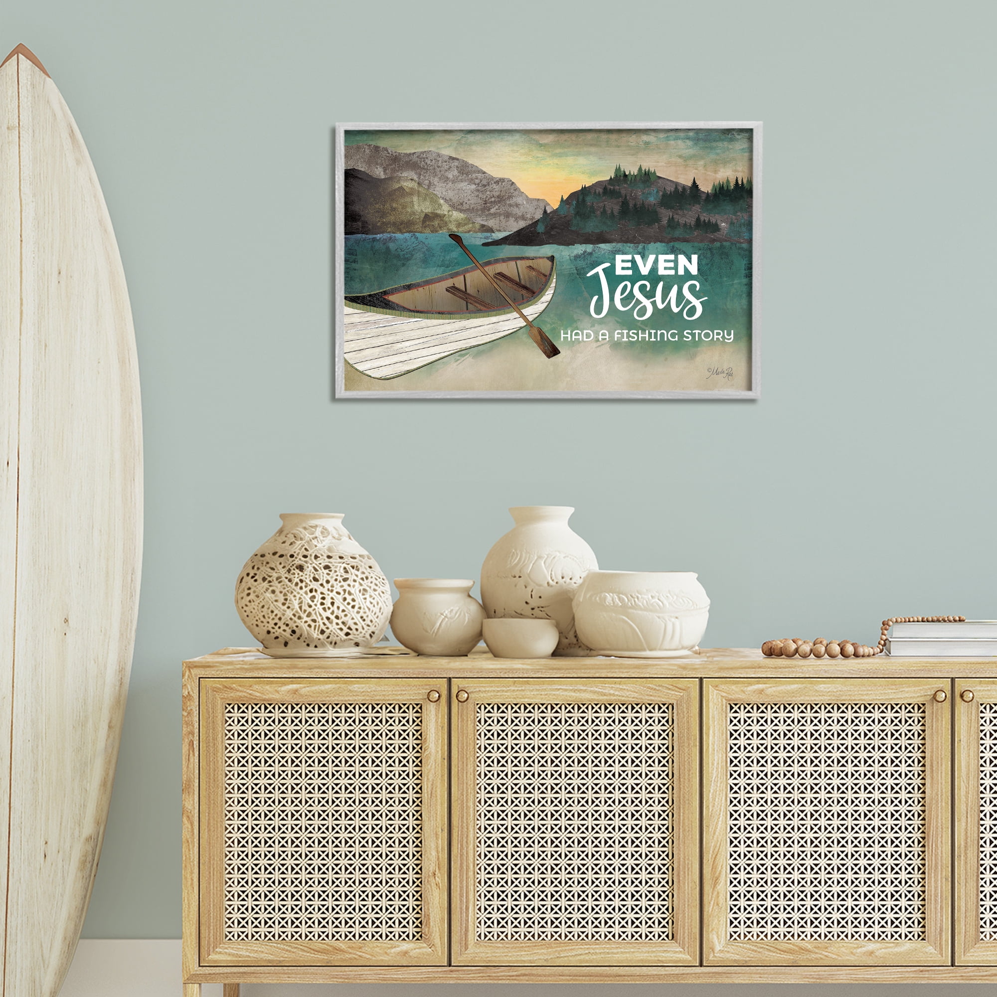 Stupell Industries Jesus Had Fishing Story Religious Painting Gray Framed Art Print Wall Art, 30 x 20