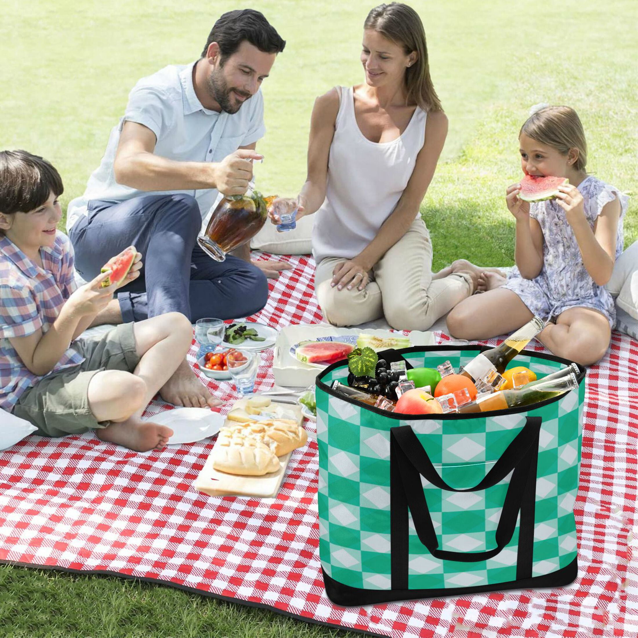 Extra-Large Wide Opening Design Capacity Hand-Held Ice Pack Thickened Insulation Layer For Long-Lasting Cold Retention For Outdoor Shopping Picnics And Camping Emerald Green Squares