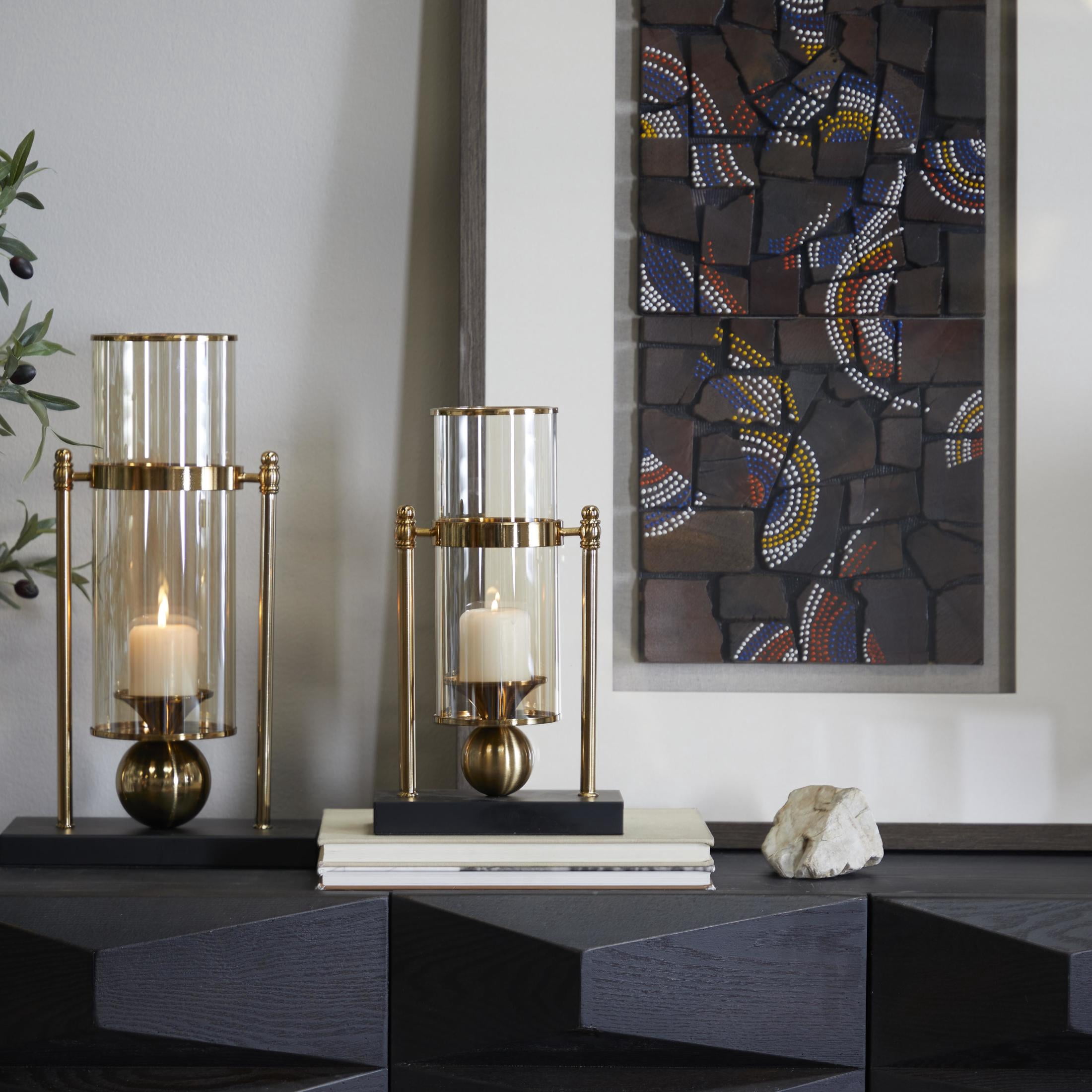 CosmoLiving by Cosmopolitan Gold Metal Iridescent Pillar Hurricane Lamp with Ball Accent and Black Base