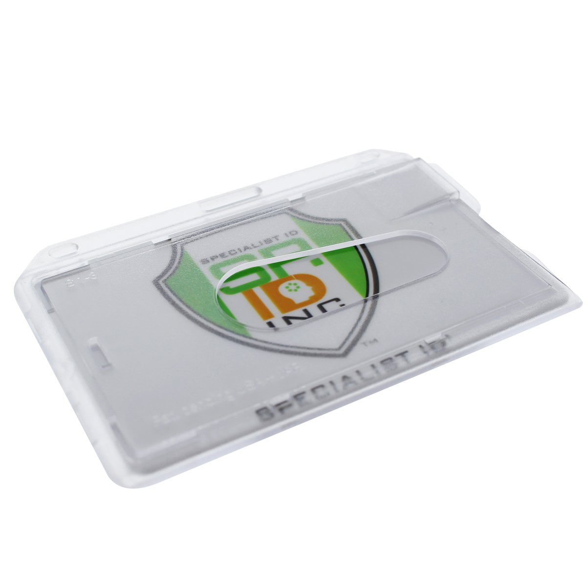 Bulk 50 Pack - Slim Heavy Duty Horizontal ID Badge Holders - Hard Plastic (Holds 1 Card) Clear Polycarbonate - Single CR80 30 Mil - Rigid Case Easy Access with Thumb Notch Dispenser by Specialist ID