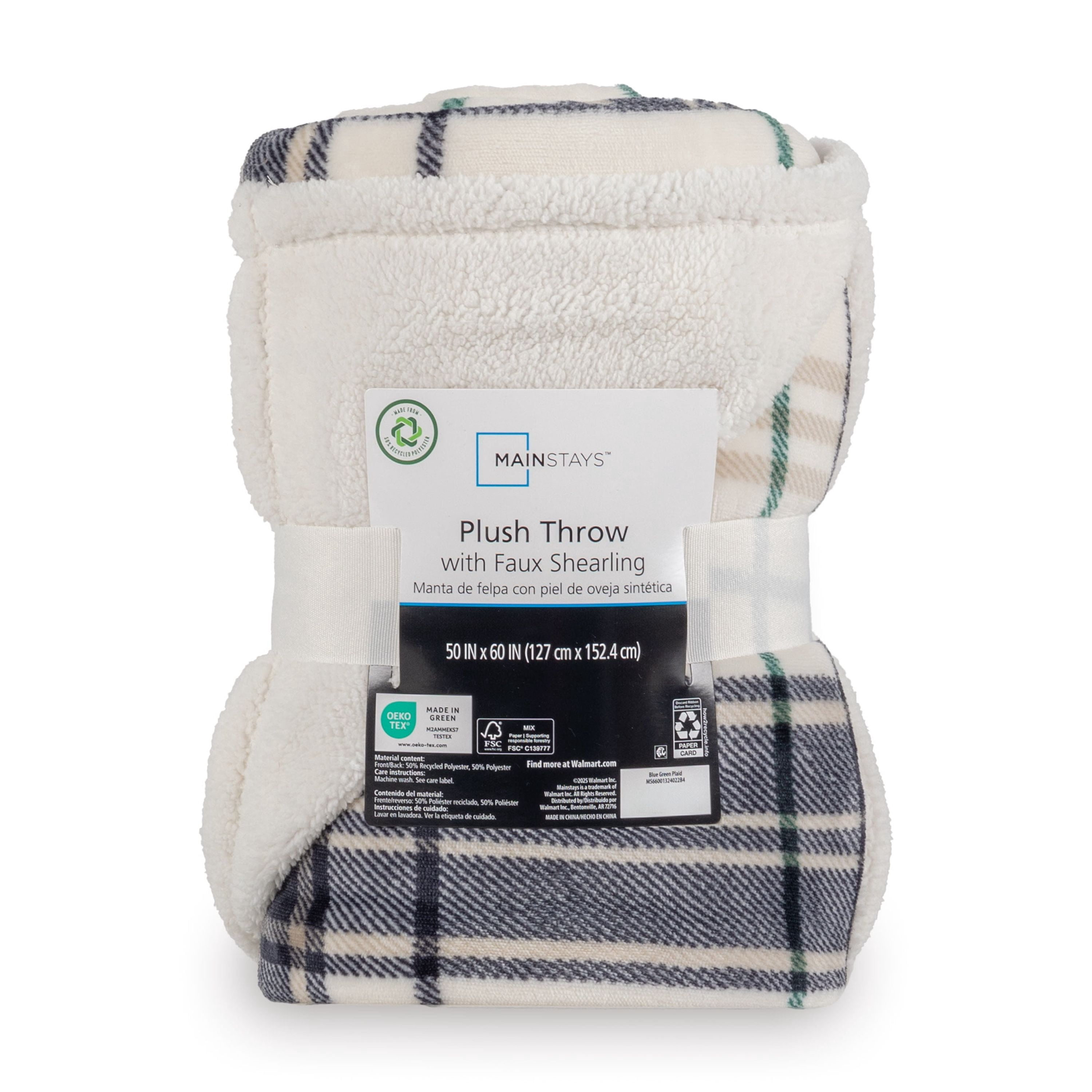 Mainstay Reversible Printed Velvet Plush and Hampshire Faux Shearling Soft Throw Blanket, Standard Size, Tartan Plaid