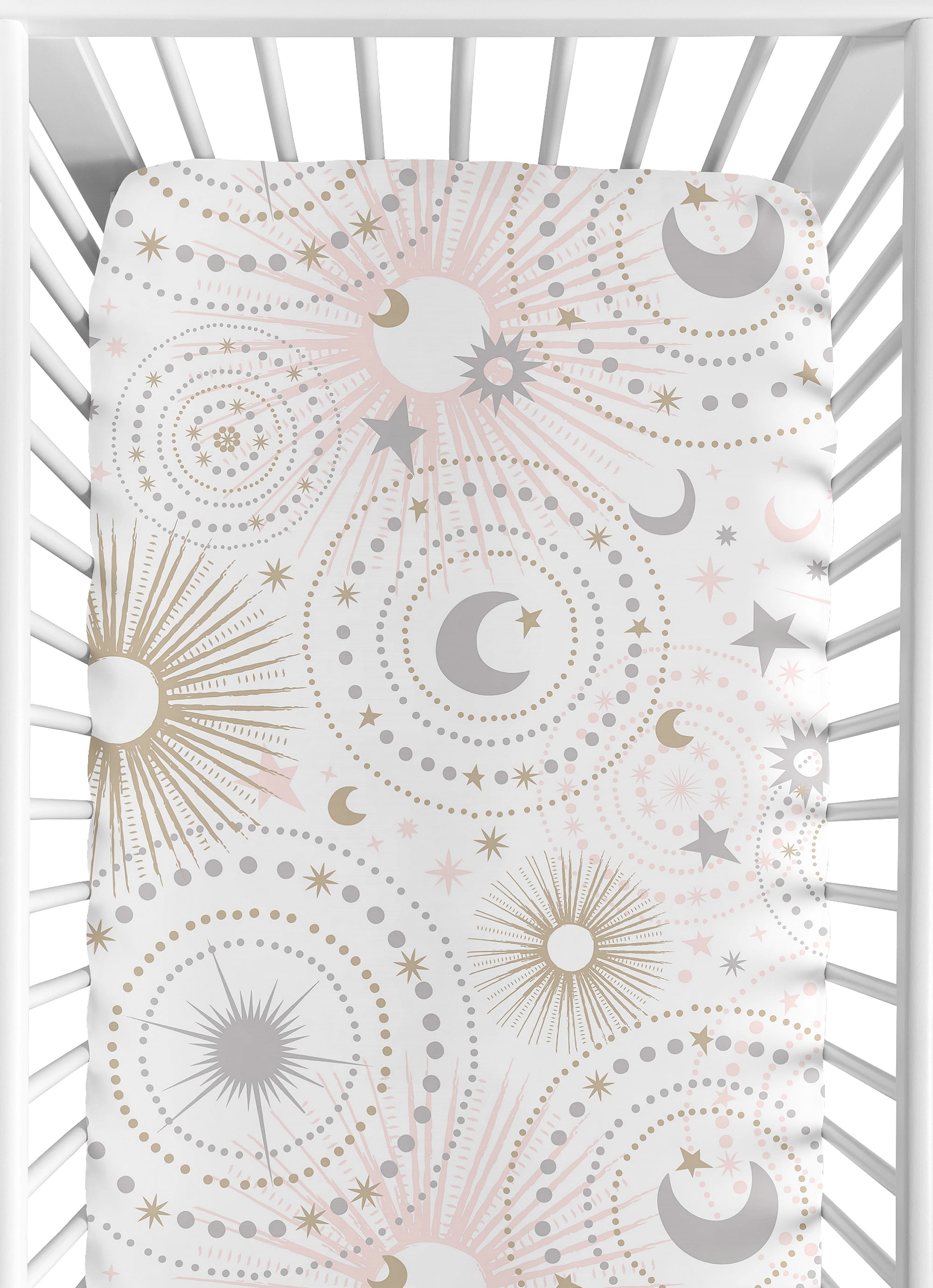 Blush Pink, Gold, Grey and White Star and Moon Baby or Toddler Fitted Crib Sheet for Celestial Collection by Sweet Jojo Designs