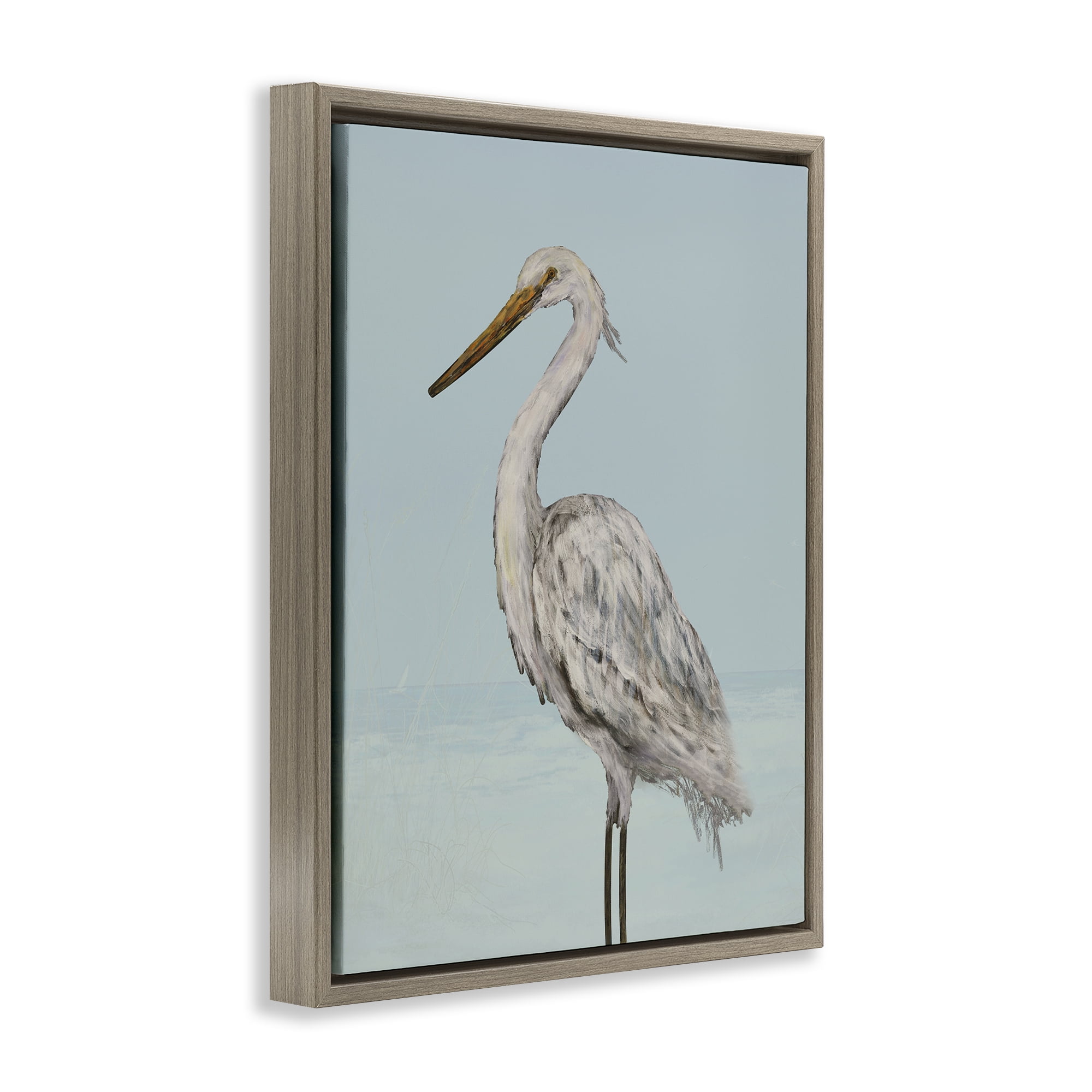 Stupell Industries Coastal Heron Muted Blue Brown Framed Floater Canvas Wall Art, design by Julie DeRice