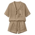 thumbnail image 5 of AHTJRT Women's 2 Piece Shorts Set Casual Cotton Linen Outfits V Neck 3/4 Sleeve Tops Summer Shorts Lounge Set Coffee S, 5 of 10