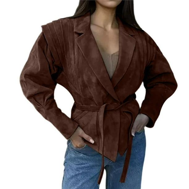 Chaqueta de con Parches y Cinturón para Mujer, de Larga, con Cordón Ajustable, Abrigo Grueso para Mujer, Ropa de Calle Marrón S