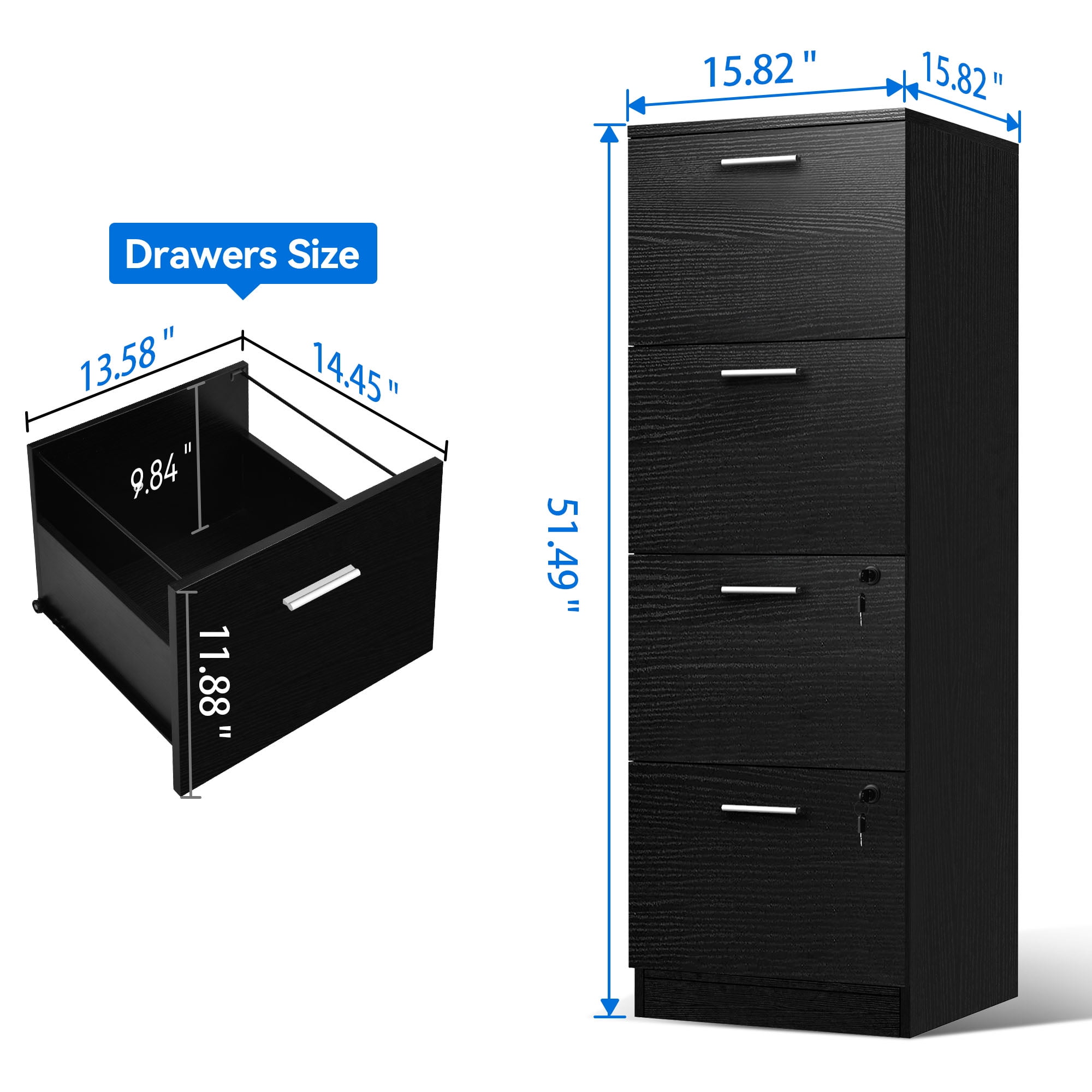 DEXTRUS 4-Drawer Wood File Cabinet with Lock,15.82" Deep Vertical Filing Cabinet for Letter A4-Sized Files, Easy to Assemble, Black