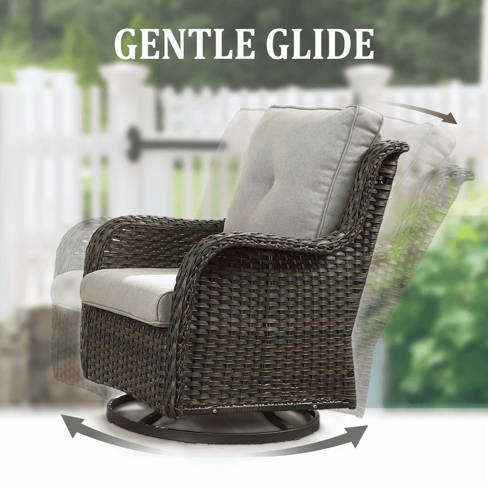 4 Piece Patio Furniture Set with 41" Fire Pit Table, Outdoor All Weather Wicker Rattan Furniture with Swivel Rocking Chairs and 3-Seat Sofa for Backyard Balcony Deck, Beige/Brown