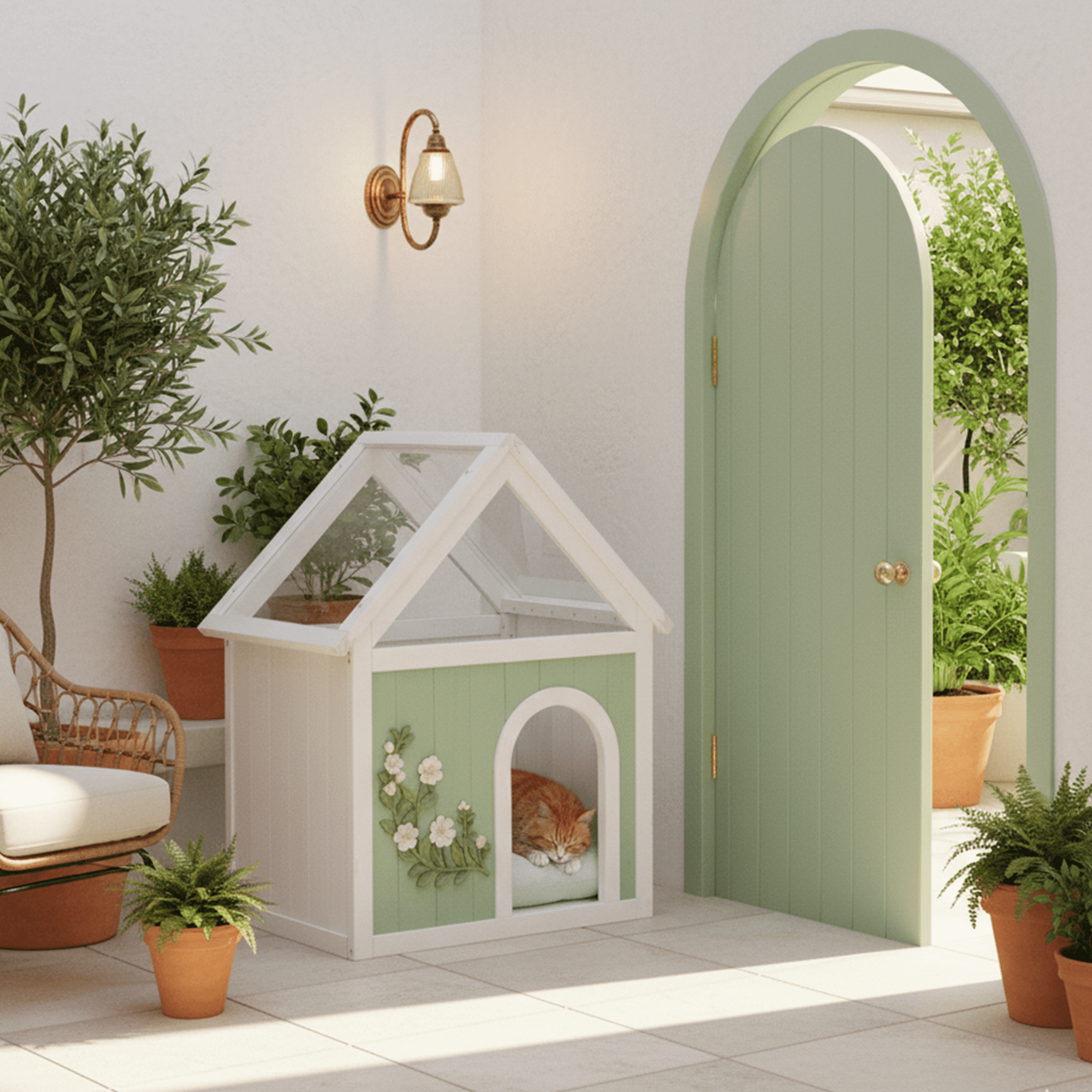 Transparent Roof Wooden Pet House with Floral Carvings FSC Cedar Indoor Shelter for Cats & Small Dogs 63.5×47.5×77.6 cm
