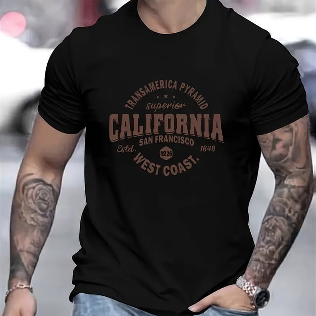 T-Shirt Graphique Tendance pour Hommes avec Imprimé California sur l'Épaule