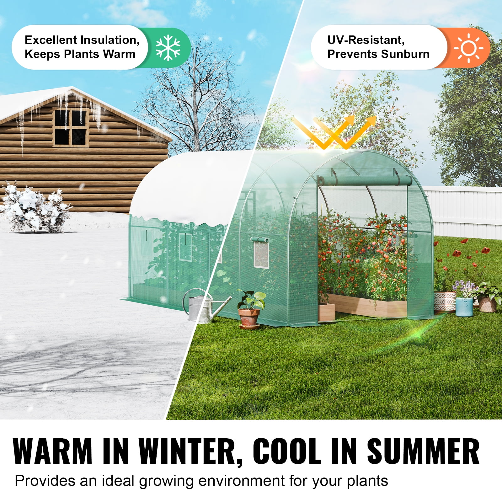 KFFKFF Walk-in Tunnel Greenhouse, 12x7x7 ft, Featuring a Durable Galvanized Steel Frame and Green PE Covering, Equipped with a Roll-up Zipper Door and 6 Ventilation Windows