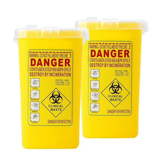 2x Yellow Sharps Bin Disposal Container w/ Locking Lid 1L