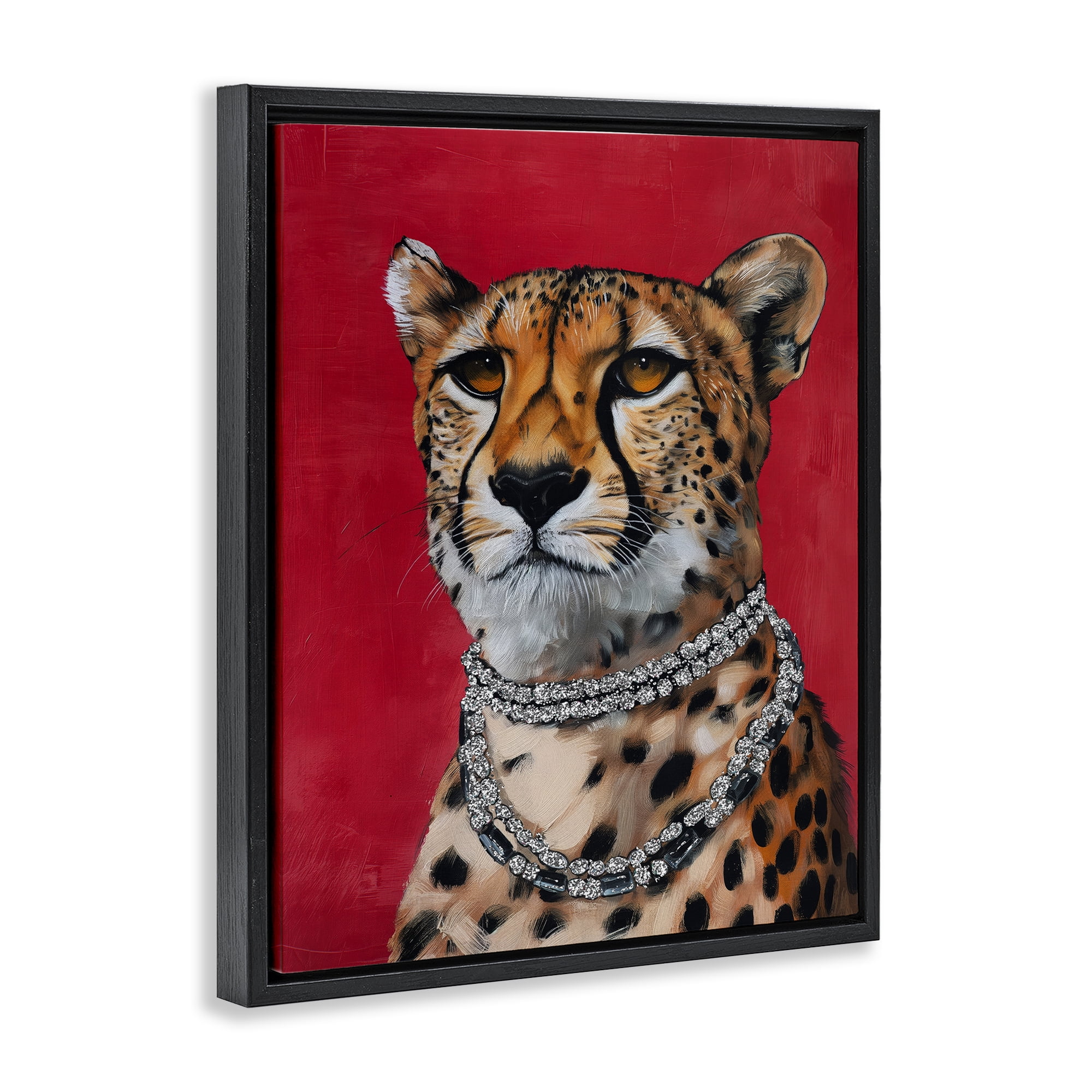 Stupell Industries Leopard Royalty with Necklace Animals Painting Black Floater Framed Canvas Art Print Wall Art, 25 x 31