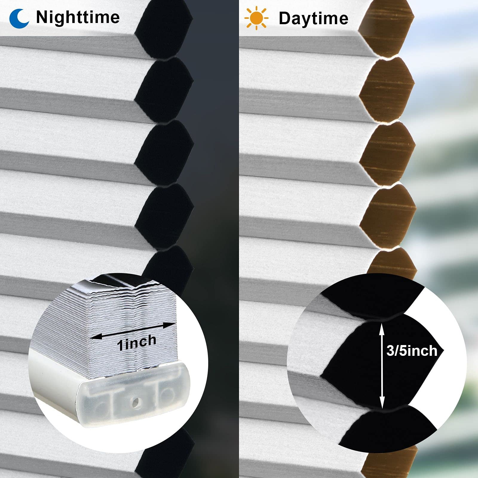 LazBlinds Cordless Cellular Shades, No Tools No Drill Blackout Honeycomb Shades Pleated Blinds for Windows, 35" W x 64" H , Silver White