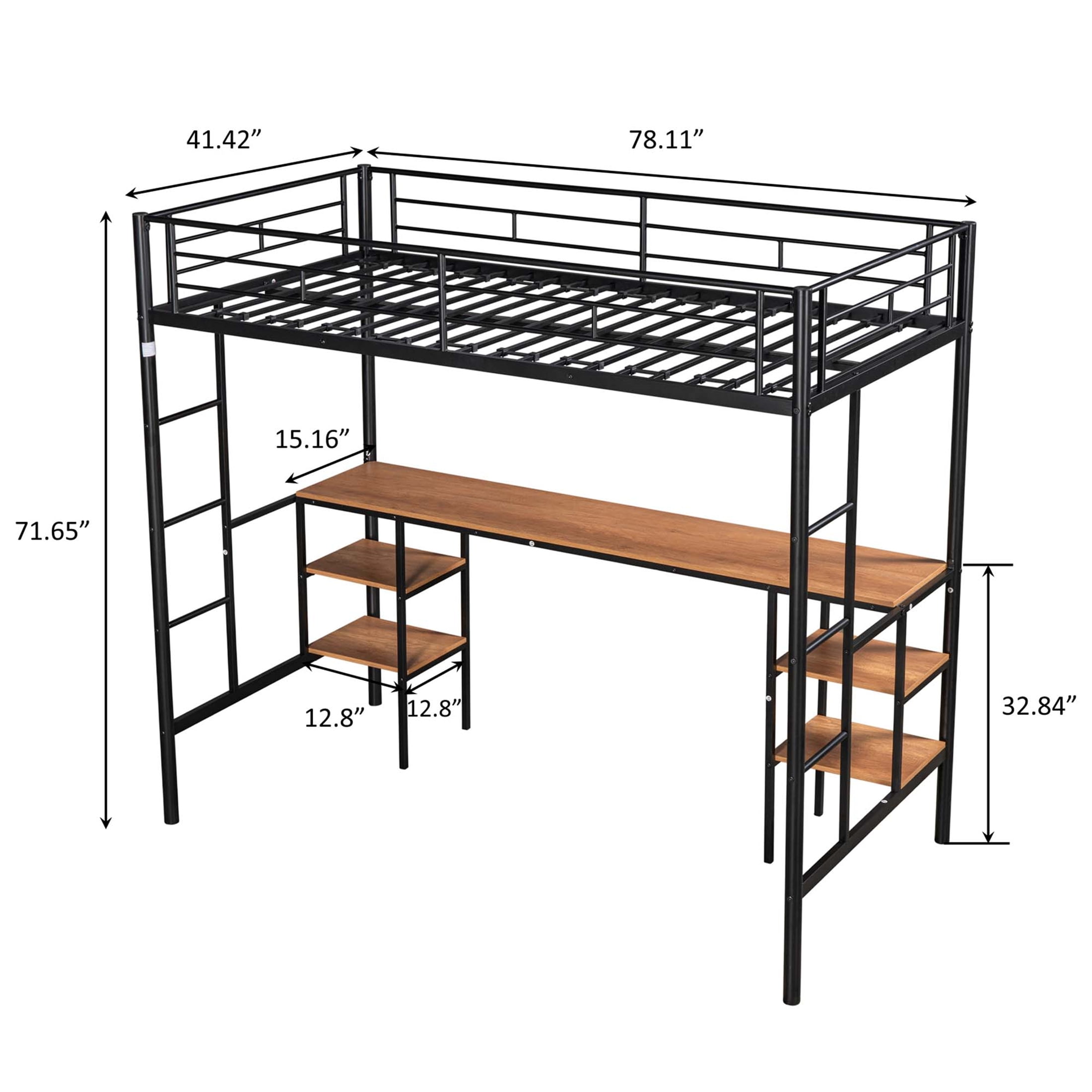 Aukfa Metal Twin Loft Bed with Desk and 4 Tier Bookshelf for Kids Teens Dorm Bedroom, Black