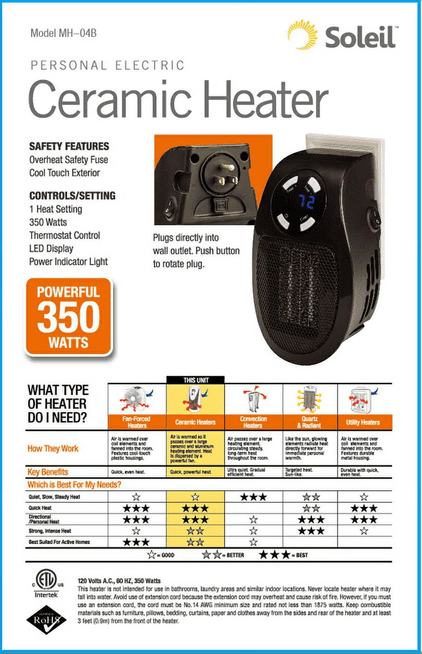Soleil Ceramic Heater MH-04B, Black - Walmart.com