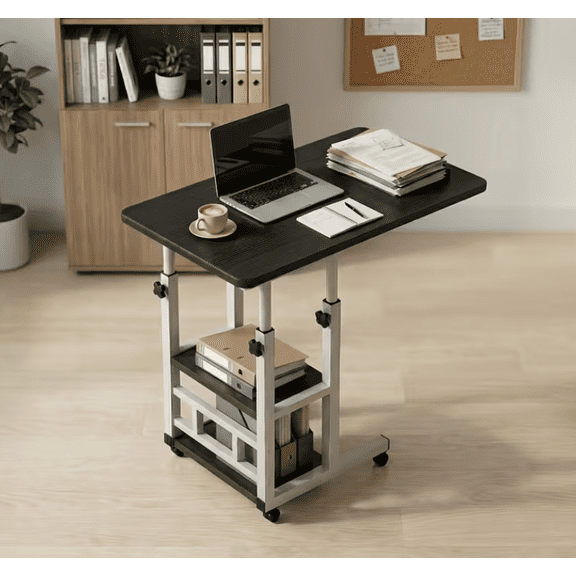 Height Adjustable C Shaped End Table with Charging Station 3 Tier Mobile Side Table with Wheels for Sofa Couch Laptop Stand Black